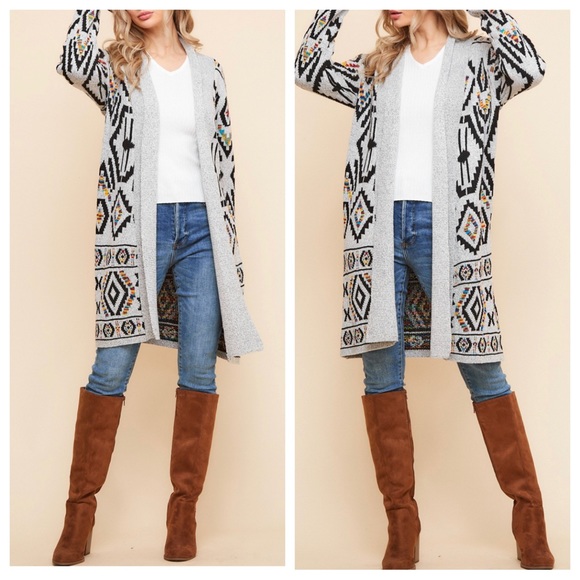 34 Aztec Print Sweater Jacket Long Cardigan - Picture 4 of 5